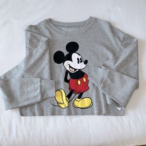 F21 sz SM Grey Mickey Mouse Long Sleeve Cropped Top